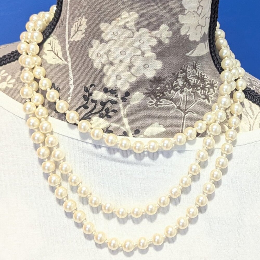 Extra Long Beautiful Runway Individually knotted Glass Pearl Necklace 56 inches!